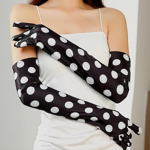 Gorgeous Elegant Black White Polka Dot Vintage Style Opera Gloves - Picture 1 of 1
